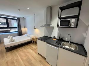 a kitchen with a sink and a bed in a room at Hotelito Boutique Madrid Auditorio in Madrid