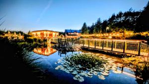 a lit up pond with a house and lights at Resort Pod Lasem in Kolonowskie