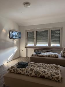 a bedroom with two beds and a flat screen tv at Apartment Rotenburg in Rotenburg an der Fulda