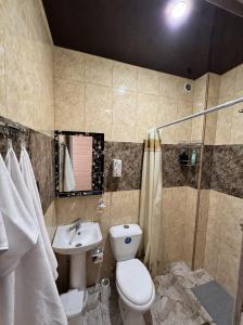 a bathroom with a toilet and a sink and a shower at Family House in Sevan