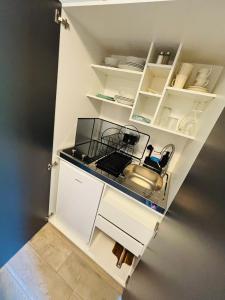 a kitchen with white cabinets and a sink at Studio Babji zob in Bohinjska Bela