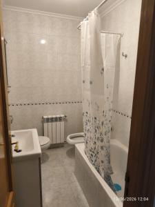 a bathroom with a toilet and a shower curtain at ADOSADO Avda BREOGAN 71 in Foz +30 photos