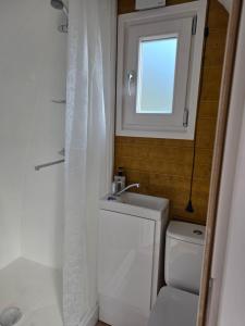 a bathroom with a toilet and a sink and a window at Doune House Pods in Beauly
