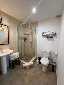 a bathroom with a shower and a toilet and a sink at Duplex Jalama II in Moraleja +21 photos