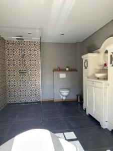 a bathroom with a shower and a toilet in it at Matzens Hus in Handewitt +16 photos