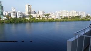 a river with ducks in the water with a city at Ritz Condo in San Juan