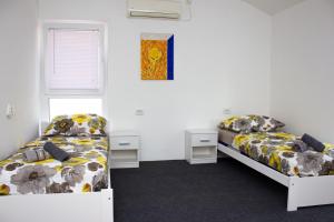 zwei Betten in einem Zimmer mit weißen Wänden in der Unterkunft Hostel Centuria in Pula