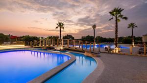 a swimming pool with a bridge and palm trees at The Kingdom Resort in Ledig