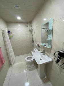 a white bathroom with a toilet and a sink at Мгер Мелконян in Tsaghkadzor