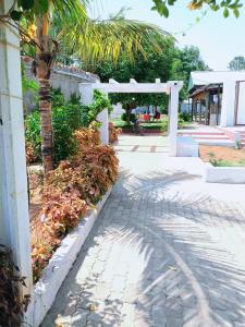 a stone walkway with a palm tree next to a building at Nenapu Resorts in Oddarahalli