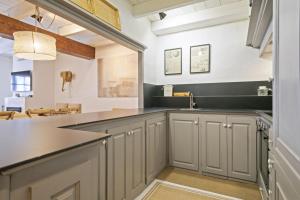 a kitchen with gray cabinets and a sink at Luderna - Apartamento con terraza Eth Picot in Tredós +9 photos