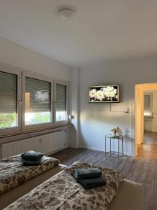 two beds in a room with two windows at Apartment Rotenburg in Rotenburg an der Fulda