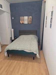 a bedroom with a bed with a blue wall at Un petit coin de paradis in Gavarret