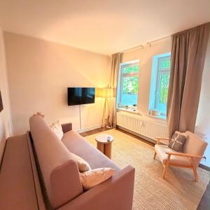 a living room with a couch and a tv at HYGGE HOMES Apartment - 'nordlys' in Lüneburg