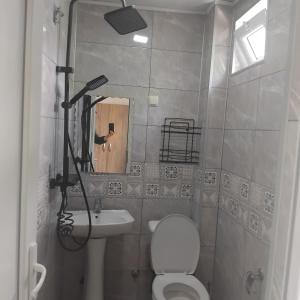 a bathroom with a toilet and a sink and a mirror at ULA guest house in Ureki +23 photos