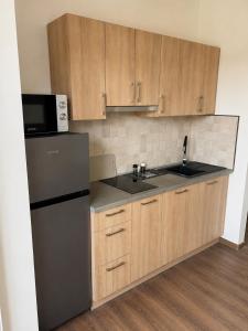 a kitchen with a black refrigerator and wooden cabinets at V44 Resort in Visegrád