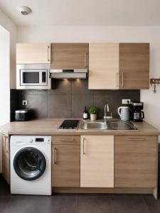 a kitchen with a washing machine and a sink at Gîte Lorelei Obernai Centre Ville 2 à 4 personnes in Obernai