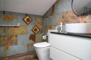 a bathroom with a toilet and a mirror at Casas Martinho - O Baloiço in Piódão