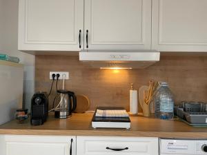 a kitchen with white cabinets and a counter top at Vila Hedona in Donji Milanovac