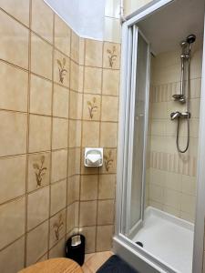 a bathroom with a shower and a bath tub at Casa Christa in Castello di Fiemme