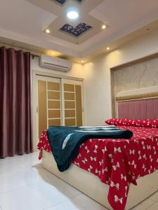 a bedroom with a bed with a red and white blanket at See side view city square 42 in Alexandria