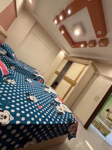 a bedroom with a bed with a blue and white comforter at See side view city square 42 in Alexandria +3 photos