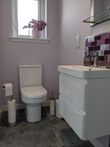 a bathroom with a toilet and a sink and a window at An Airigh Bed & Breakfast in Kirkhill