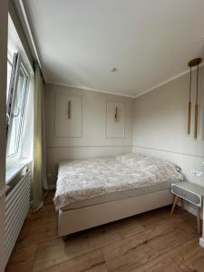 a bedroom with a bed and a window at Apartament KAJA in Malbork