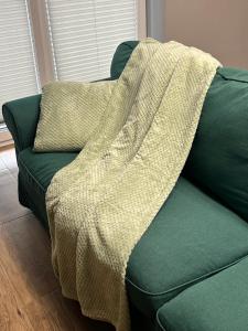 a blanket on a green couch in a living room at 3 JASKÓŁKI in Kasina Wielka