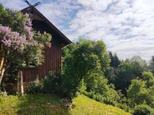 an old barn with a windmill in a field at Ostaya - Mountain Cottage in Obidza
