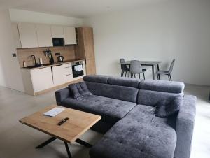a living room with a couch and a table at Apartmány Nitrianska osada in Bánov