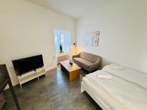 a living room with a bed and a couch and a tv at Apartmány pod zvonicí, Vimperk in Vimperk