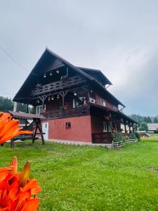 a large red building with a black roof at Cabana Adelin in Dobreşti