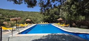 a swimming pool with yellow lounge chairs and a swimming pool at Casas Rurales Cortijos el Encinar in Torres