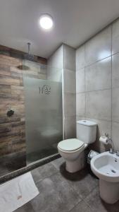 a bathroom with a toilet and a shower and a sink at PM departamentos in San Rafael