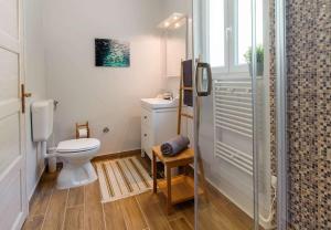 a small bathroom with a toilet and a shower at Luxury Beachfront Villa Kata in Rogotin +9 photos
