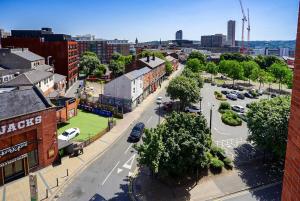 an aerial view of a street in a city at Stylish 2-Bed Apartment, Free Parking, Walk to Hospital & Uni in Sheffield