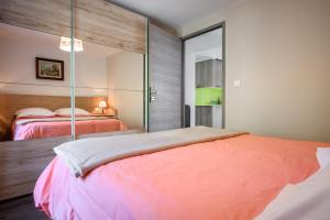 a bedroom with two beds and a large mirror at Gite Les Jonquilles in Mittlach