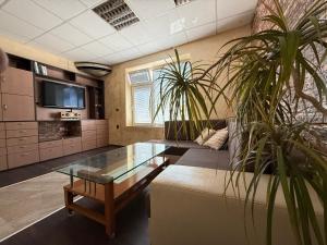 a living room with a couch and a glass table at Етаж от къща в Разград in Razgrad