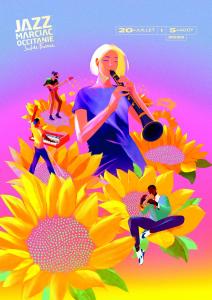 a poster of a man playing a saxophone on flowers at Détente Gersoise in Lasserade