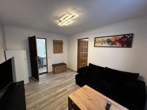 ein Wohnzimmer mit schwarzem Sofa und Fernseher in der Unterkunft Apart Robert 2 in Bicaz