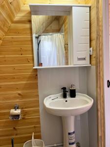 a bathroom with a sink and a mirror at Beshik Guest House in Bokonbayevo