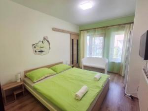 a green bed in a room with a window at MOONLIGHT Prémium APARTMANHÁZ in Sárospatak