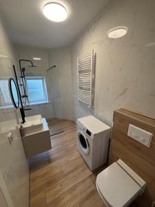 a bathroom with a toilet sink and a washing machine at JD Apartment Sobieskiego in Gniezno