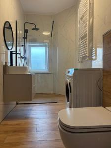 a bathroom with a washing machine and a sink at JD Apartment Sobieskiego in Gniezno