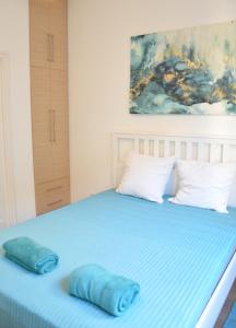ブダペストにあるTwo Bedroom Apartment at Bajcsyのベッド1台(上に青い枕2つ付)