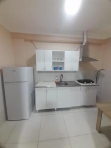 a white kitchen with a sink and a refrigerator at Iren Apartment in Batumi