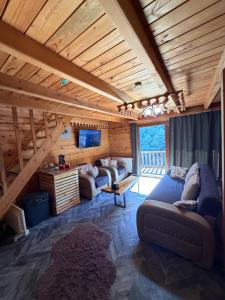 a living room with couches and a wooden ceiling at HiraBungalov in Çamlıhemşin