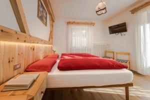 a bed with red pillows on it in a room at Affittacamere Blank in Arabba