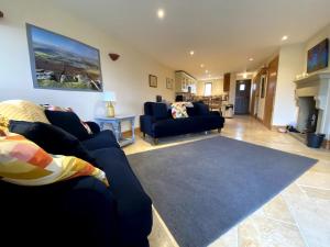 a living room with a blue couch and a rug at Pretty Wood Cottage Quiet Cottage in Private Meadow in Eyam